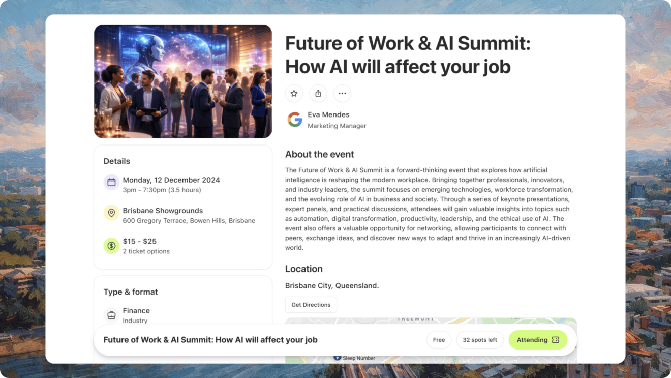 Screenshot of event details card showing Future of Work & AI Summit with event information and description