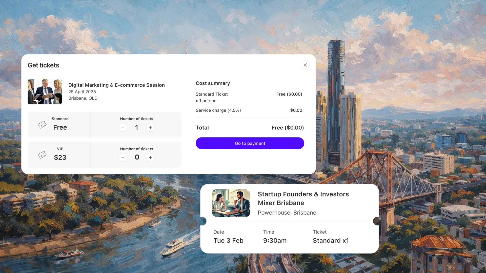 Ralley get tickets modal showing a free standard ticket and a paid VIP ticket at $23 alongside a cost summary with service charge and total