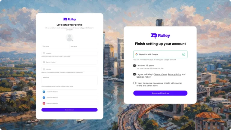 Ralley corporate partner account setup form with profile creation fields and Google sign-in authentication