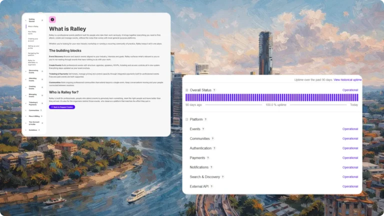 Ralley support center help documentation with system status dashboard showing operational uptime metrics
