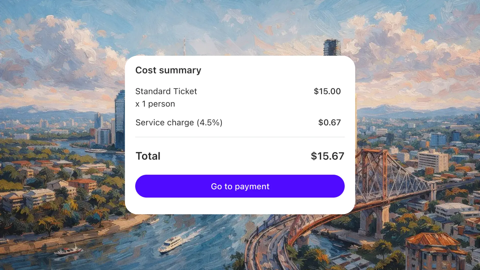 Ralley get tickets cost summary showing ticket price, 4.5% service charge and total displayed before an attendee completes payment