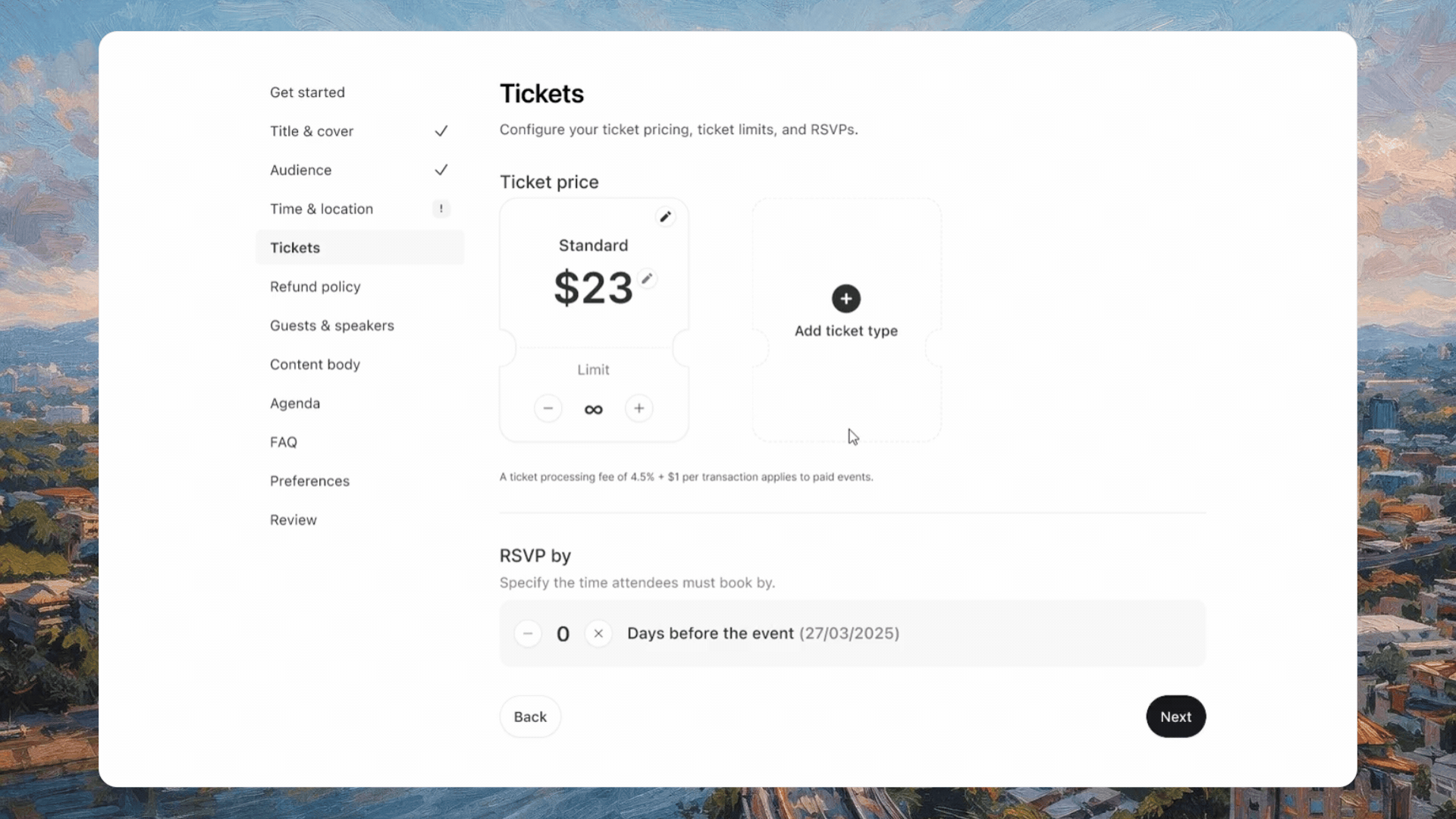 Animated walkthrough of the Ralley ticket setup screen showing a standard ticket priced at $23, capacity limit controls and the option to add additional ticket categories