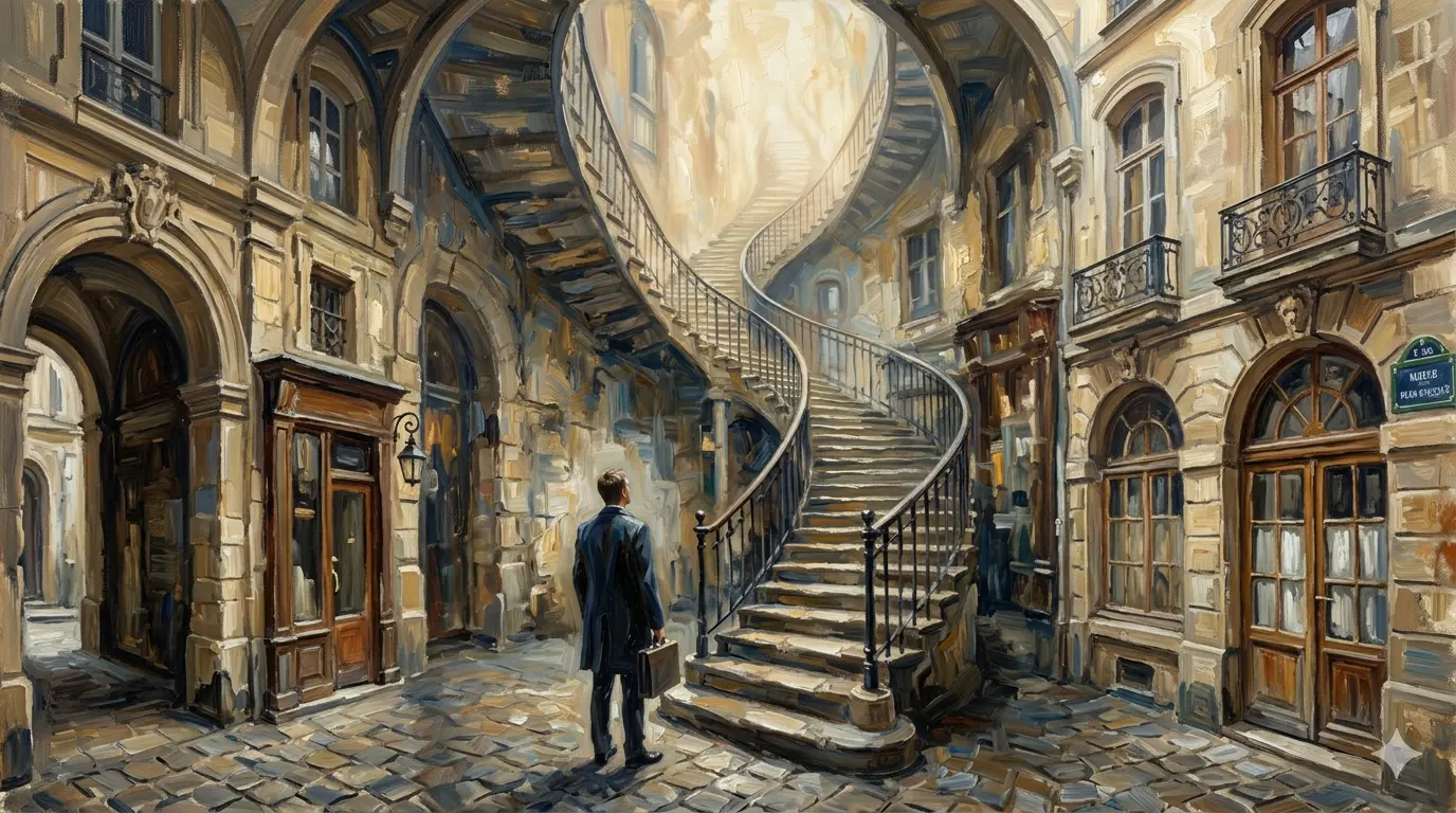Blog A professional in a dark suit stands at the base of a grand spiral staircase in a European courtyard, briefcase in hand, looking upward