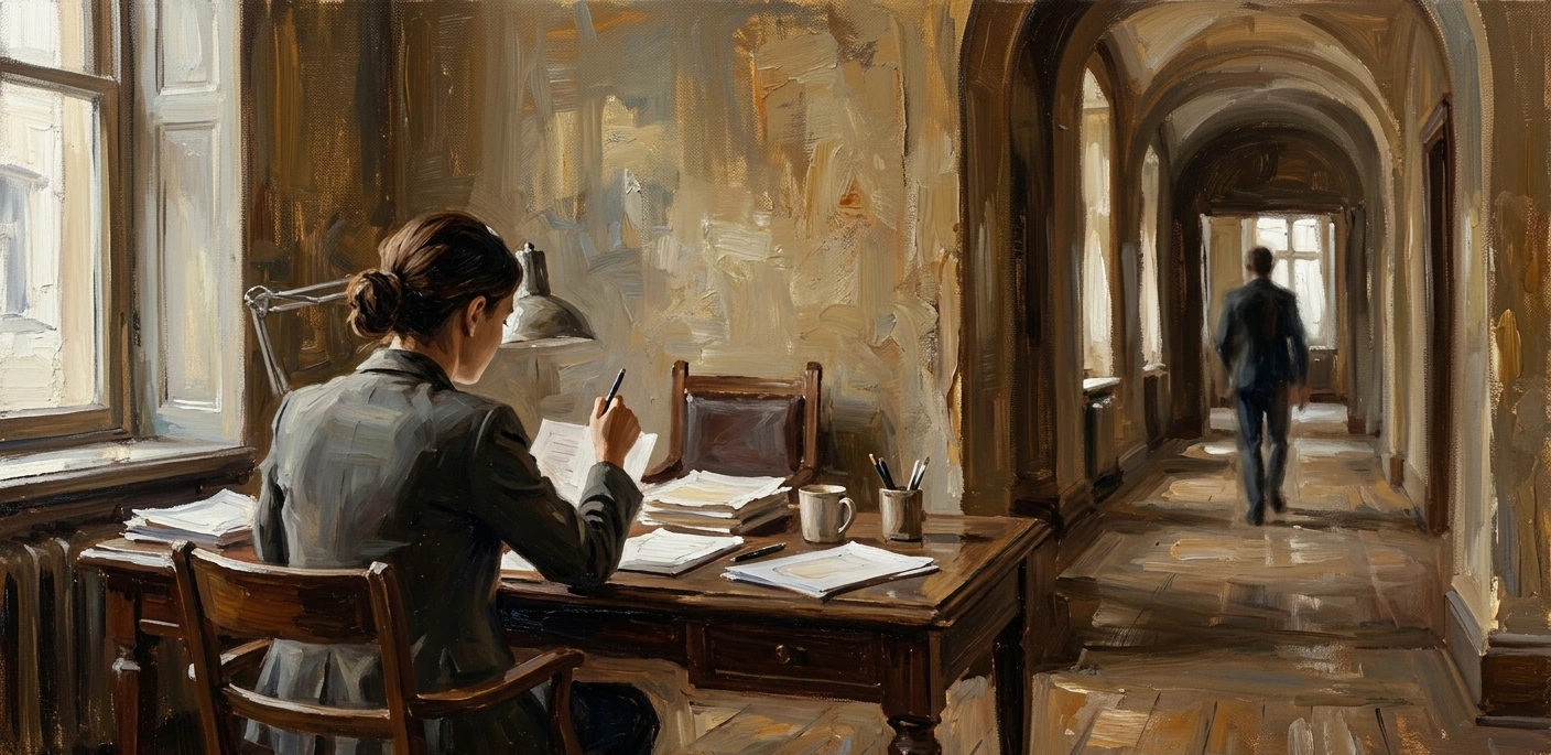 A professional sits alone at a wooden desk reviewing documents while a figure walks away down a long corridor in the background