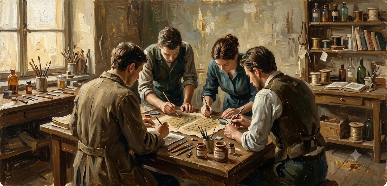 Four professionals gathered around a workbench, each focused on the same document, tools of their trade spread across the table around them